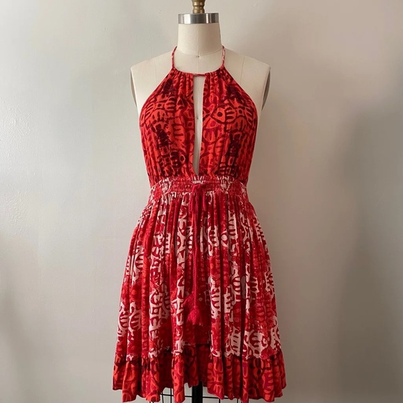 FREE PEOPLE BEACH DAY RED BLOCK PRINT HALTER TIE OPEN BACK SWING DRESS XS - Picture 6 of 16